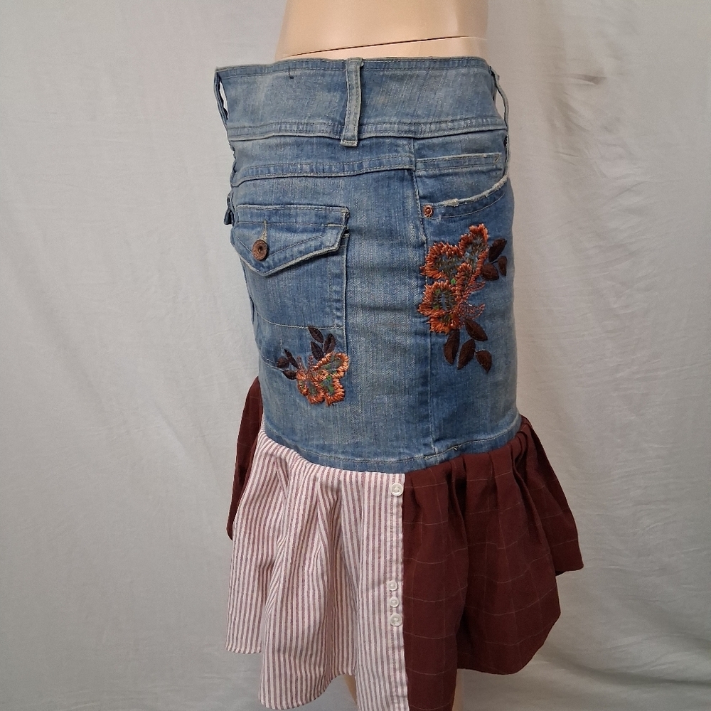 Clash Jeans Ash Patchwork Denim Mini Skirt in Blue, Brown and Cream Size L - Picture 7 of 16